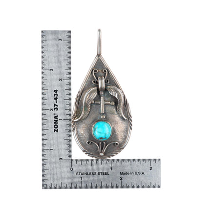 Vintage Native American sterling silver turquoise pendant w/feather designs