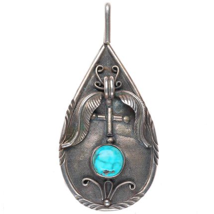 Vintage Native American sterling silver turquoise pendant w/feather designs