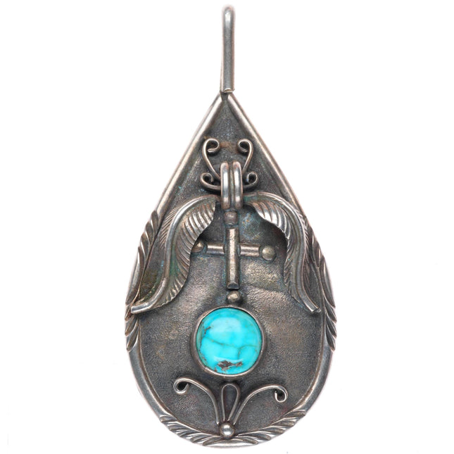 Vintage Native American sterling silver turquoise pendant w/feather designs