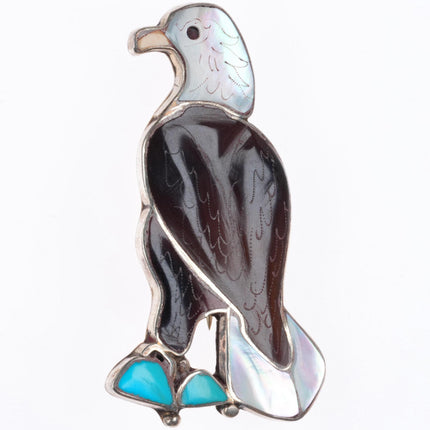 Eva Etsate Zuni sterling silver inlaid turquoise/shell Eagle pendant/pin/brooch