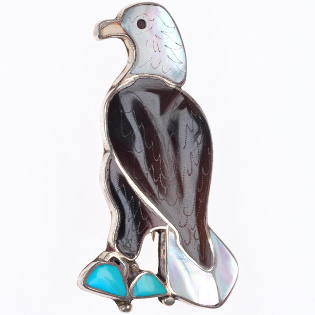Eva Etsate Zuni sterling silver inlaid turquoise/shell Eagle pendant/pin/brooch