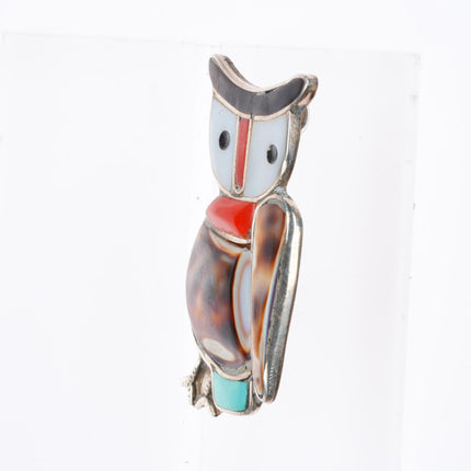 Lesansee Zuni Sterling silver owl pendant/pin/brooch Shell/turquoise inlay
