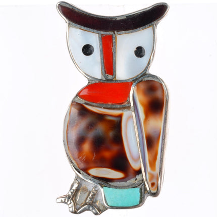 Lesansee Zuni Sterling silver owl pendant/pin/brooch Shell/turquoise inlay