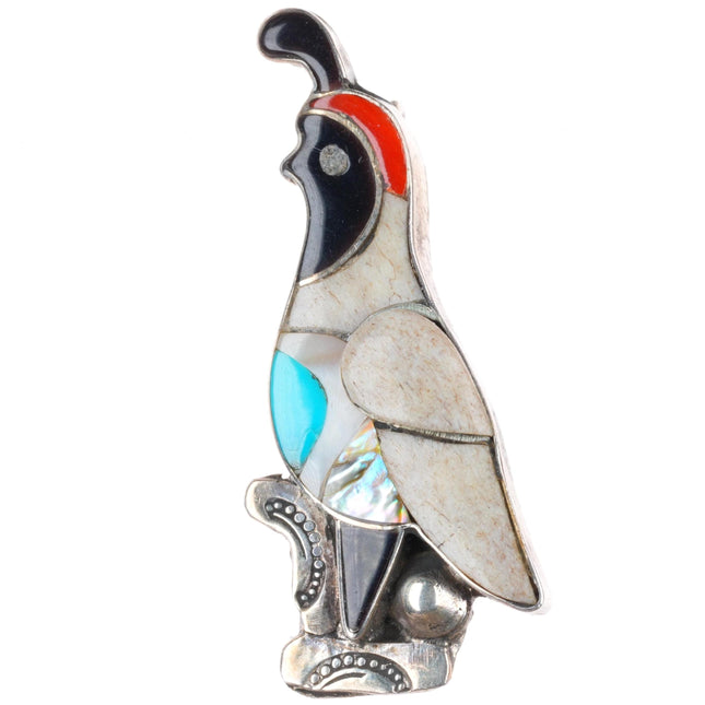Vintage Zuni sterling silver shell/coral/turquoise inlay quail pendant/pin