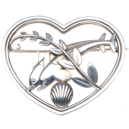 Georg Jensen sterling silver Leaping Dolphin Heart Brooch/pin