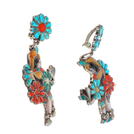 Big vintage Zuni sterling silver stone/shell inlaid dancer clip on earrings