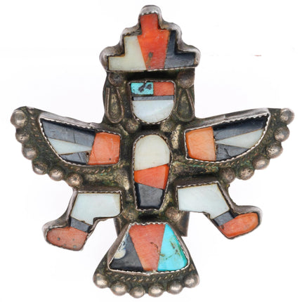 c1950 Zuni sterling silver knifewing bolo slide turquoise coral shell/jet