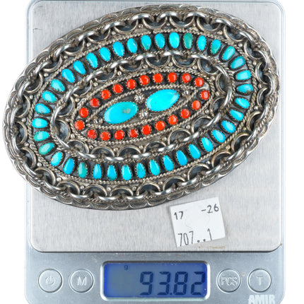 1.5" Big Larry Moses Begay Navajo sterling silver - turquoise-coral belt buckle