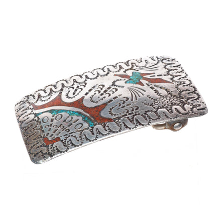 1.5" vintage Navajo sterling silver chip inlay turquoise peyote bird belt buckle