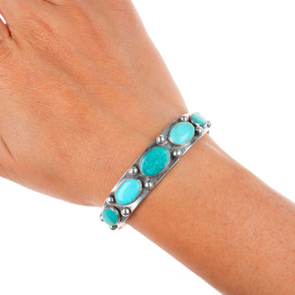 6.5" 1940's vintage Navajo sterling silver turquoise row cuff bracelet