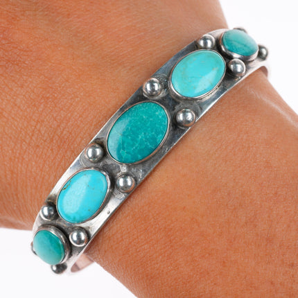 6.5" 1940's vintage Navajo sterling silver turquoise row cuff bracelet