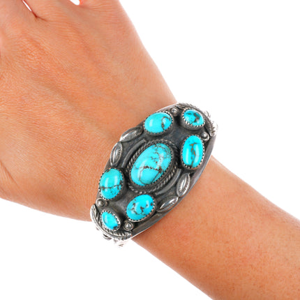 6.6" c1950's vintage Navajo sterling silver turquoise cluster cuff bracelet