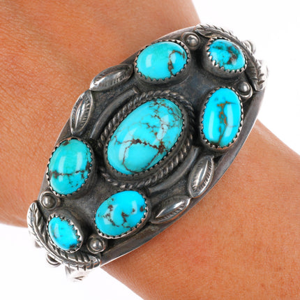 6.6" c1950's vintage Navajo sterling silver turquoise cluster cuff bracelet