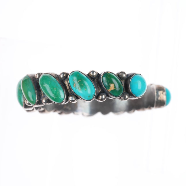 6.5" vintage Navajo greasy green turquoise row sterling silver cuff bracelet