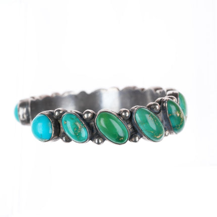 6.5" vintage Navajo greasy green turquoise row sterling silver cuff bracelet