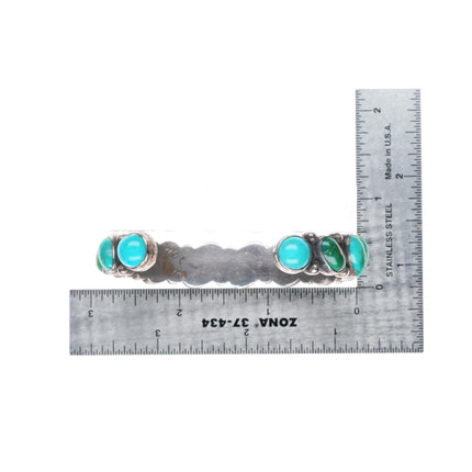 6.5" vintage Navajo greasy green turquoise row sterling silver cuff bracelet