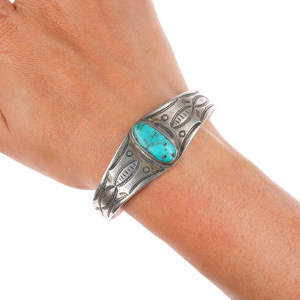 6.9" Antique Navajo ingot silver deep stamped cuff bracelet with turquoise