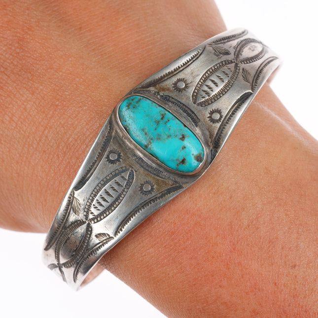 6.9" Antique Navajo ingot silver deep stamped cuff bracelet with turquoise