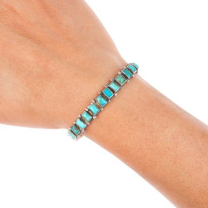 6.4" c1930's Navajo square cut turquoise sterling silver row cuff bracelet