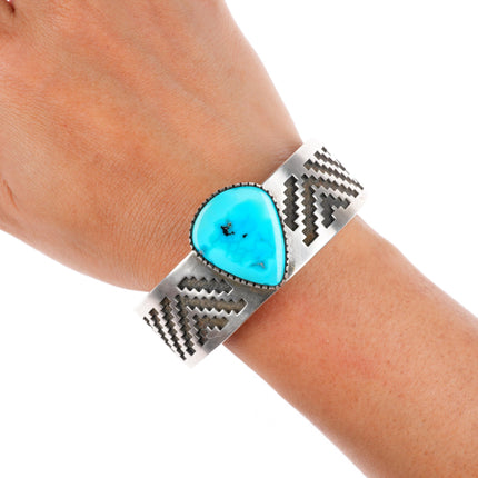 7.1" Tommy Jackson Navajo sterling silver rug pattern cuff bracelet - Turquoise