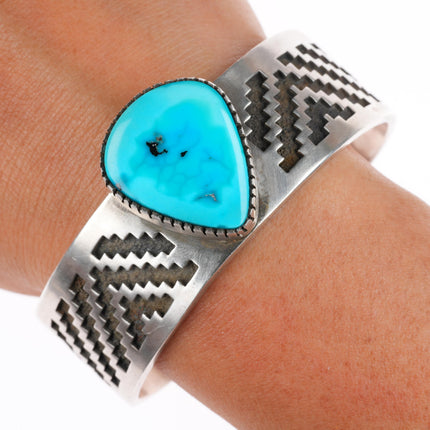 7.1" Tommy Jackson Navajo sterling silver rug pattern cuff bracelet - Turquoise