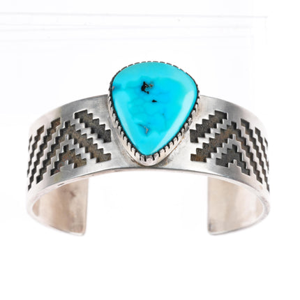 7.1" Tommy Jackson Navajo sterling silver rug pattern cuff bracelet - Turquoise