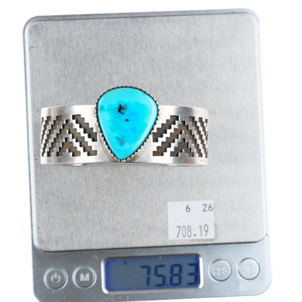 7.1" Tommy Jackson Navajo sterling silver rug pattern cuff bracelet - Turquoise