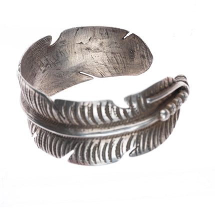 6.25" vintage Native American sterling silver stamped feather cuff bracelet