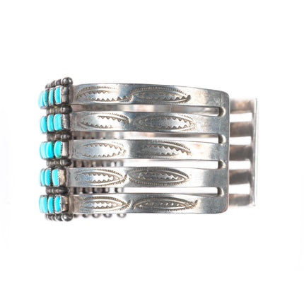 7.1" 1940's Zuni 5 stack square cut turquoise row sterling silver cuff bracelet