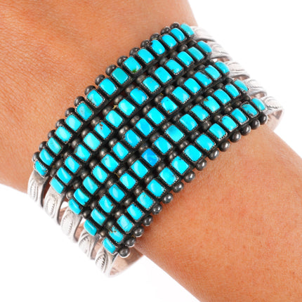 7.1" 1940's Zuni 5 stack square cut turquoise row sterling silver cuff bracelet