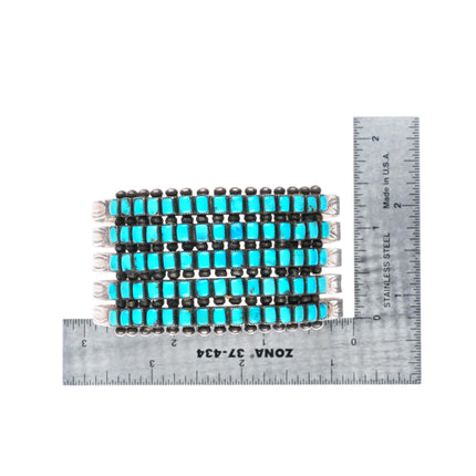 7.1" 1940's Zuni 5 stack square cut turquoise row sterling silver cuff bracelet