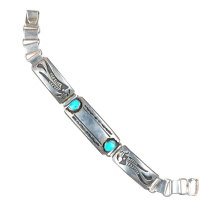 7" Allen Pooyouma Hopi overlay link bracelet with turquoise sterling silver