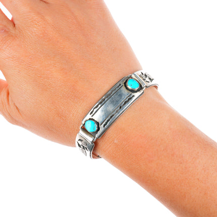 7" Allen Pooyouma Hopi overlay link bracelet with turquoise sterling silver
