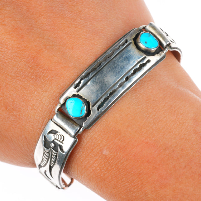7" Allen Pooyouma Hopi overlay link bracelet with turquoise sterling silver