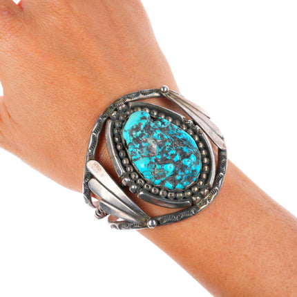 6.25" vintage Navajo sterling silver turquoise wide cuff bracelet