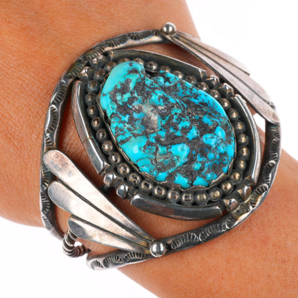 6.25" vintage Navajo sterling silver turquoise wide cuff bracelet