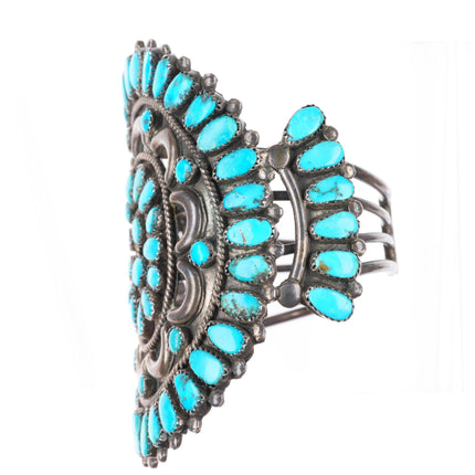 6.8" Large vintage Zuni sterling silver cluster Morenci turquoise cuff bracelet