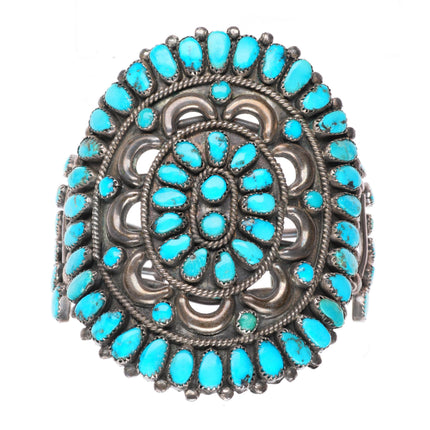 6.8" Large vintage Zuni sterling silver cluster Morenci turquoise cuff bracelet
