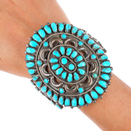 6.8" Large vintage Zuni sterling silver cluster Morenci turquoise cuff bracelet