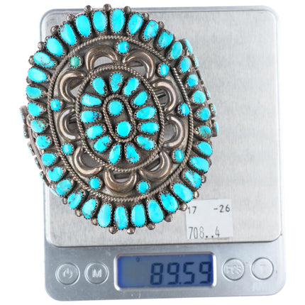 6.8" Large vintage Zuni sterling silver cluster Morenci turquoise cuff bracelet