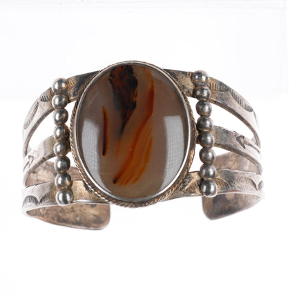 6.75" c1940's Navajo sterling silver petrified wood agate stamped cuff bracelet