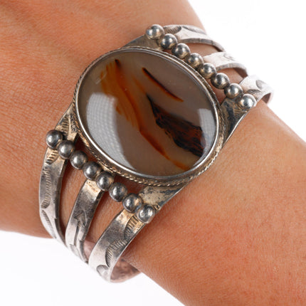6.75" c1940's Navajo sterling silver petrified wood agate stamped cuff bracelet