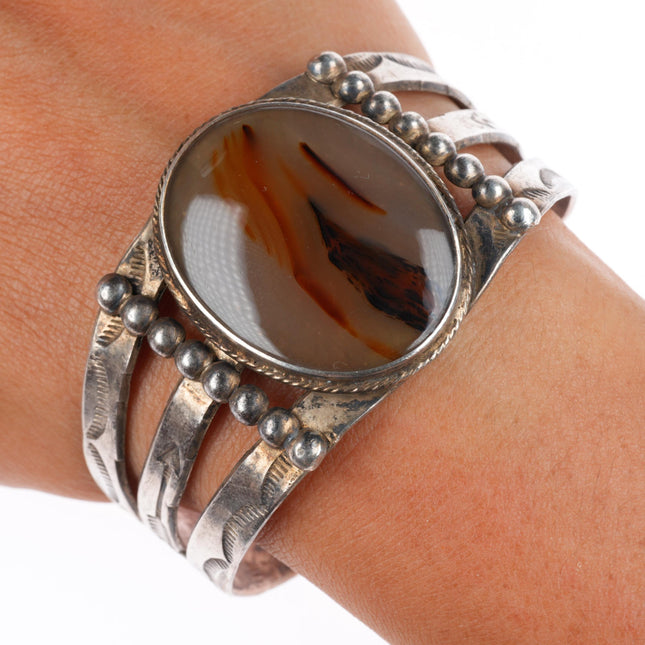 6.75" c1940's Navajo sterling silver petrified wood agate stamped cuff bracelet