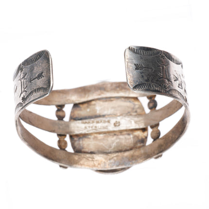 6.75" c1940's Navajo sterling silver petrified wood agate stamped cuff bracelet