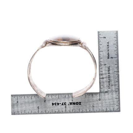 6.75" c1940's Navajo sterling silver petrified wood agate stamped cuff bracelet
