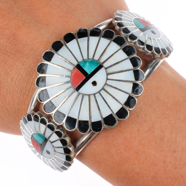 6.5" Vintage Zuni sterling silver channel inlay sunface cuff bracelet
