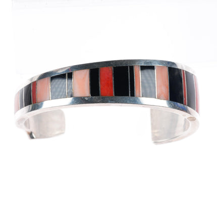 6.4" Ray Tracey Knifewing red/pink Coral Black Jade inlay cuff bracelet