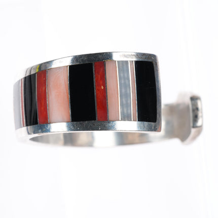 6.4" Ray Tracey Knifewing red/pink Coral Black Jade inlay cuff bracelet