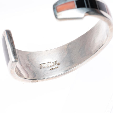 6.4" Ray Tracey Knifewing red/pink Coral Black Jade inlay cuff bracelet