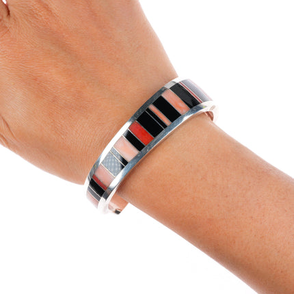 6.4" Ray Tracey Knifewing red/pink Coral Black Jade inlay cuff bracelet